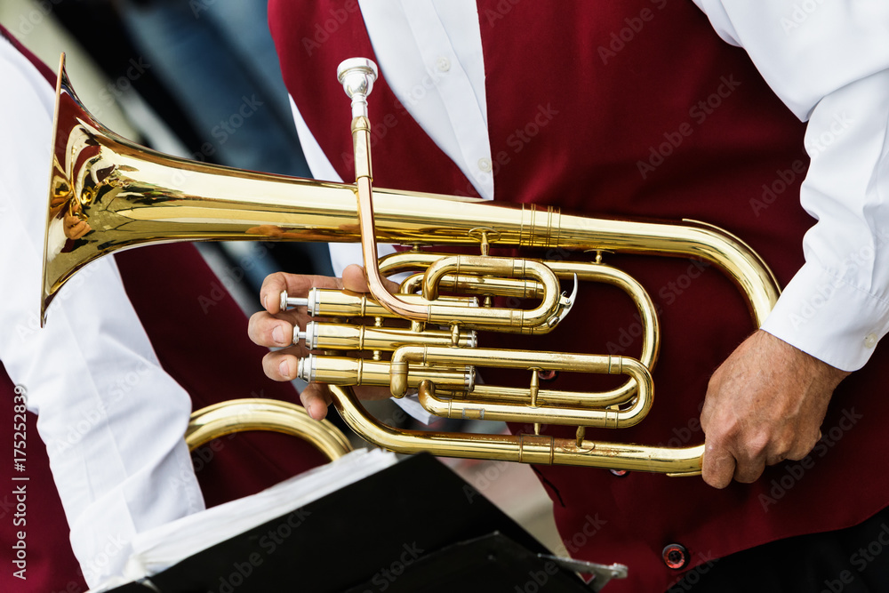 Obraz premium Musical instrument in hands, tuba.