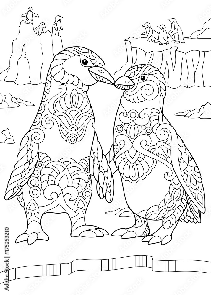 Obraz premium Coloring page of emperor penguins couple kissing each other. Freehand sketch drawing for adult antistress coloring book in zentangle style.