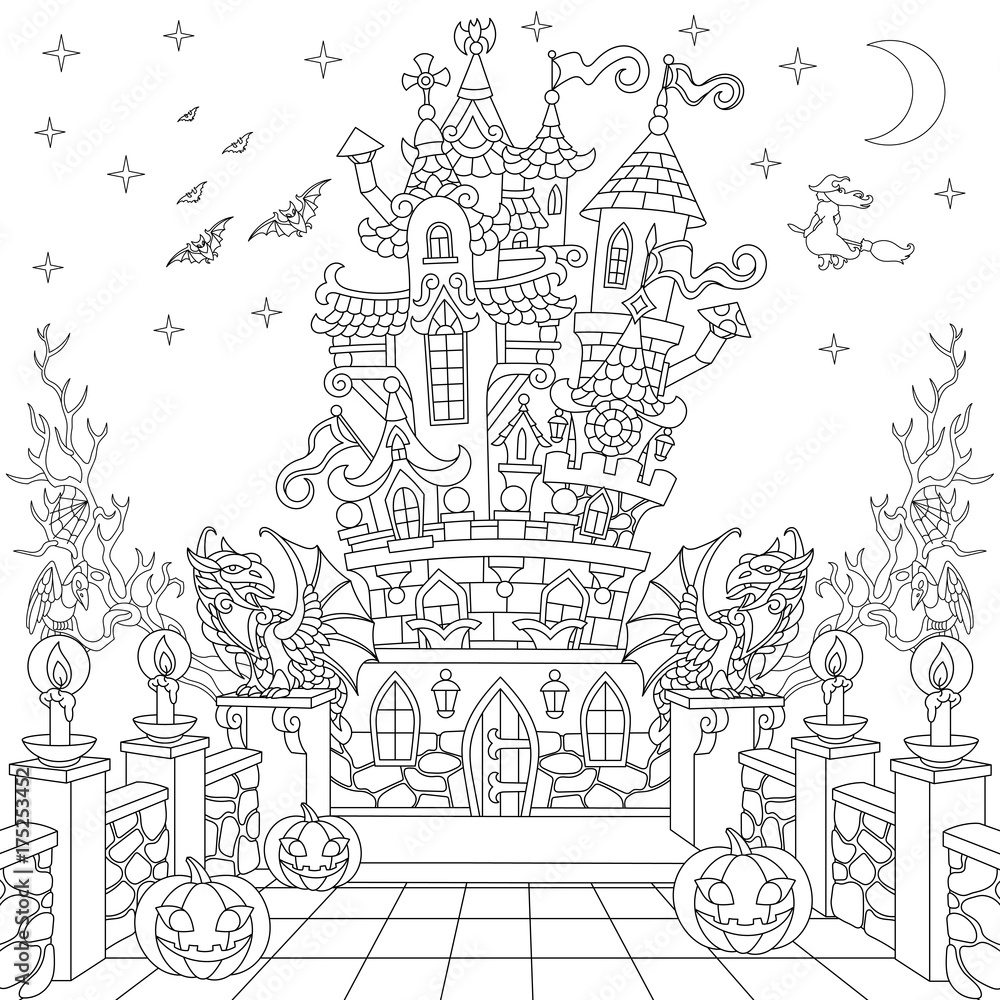 Halloween coloring page. Spooky castle, halloween pumpkins, flying bats, witch, gothic statues of dragons, moon, stars. Freehand sketch drawing for adult antistress coloring book in zentangle style.