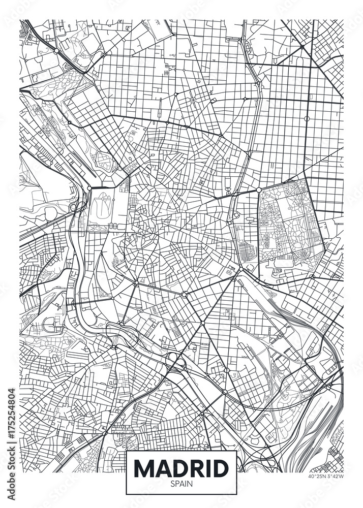 Obraz premium Szczegółowa mapa miasta plakat wektor Madryt