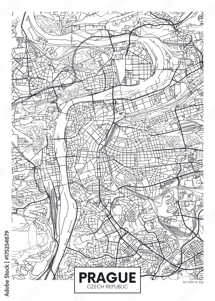 Fototapeta premium Szczegółowa mapa miasta plakat wektor Pragi