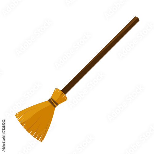 broom made from twigs on a long wooden handle. vector illustration. tool for cleaning isolated on white background. Witches broom stick. Halloween accessory object. 
