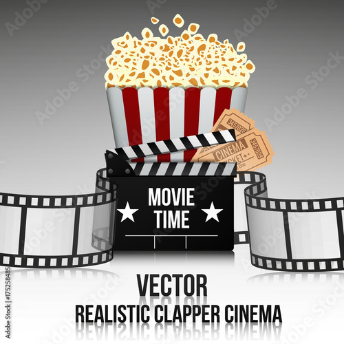 Movie cinema premiere poster design. Vector template banner for show with  popcorn, tickets and clipper