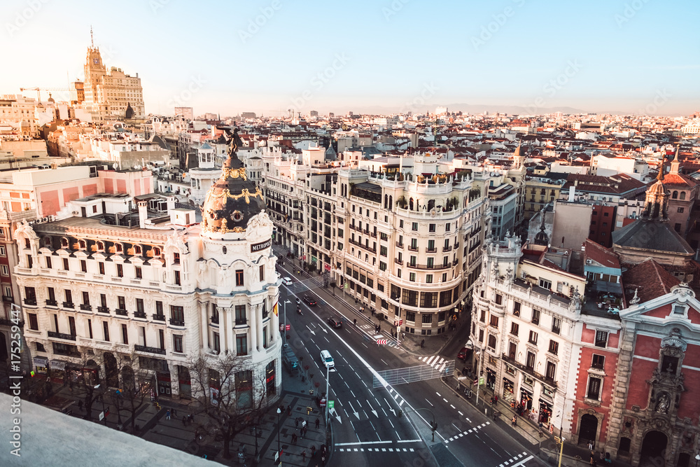 Metropolis building in Gran Via. Madrid at sunset (Spain)