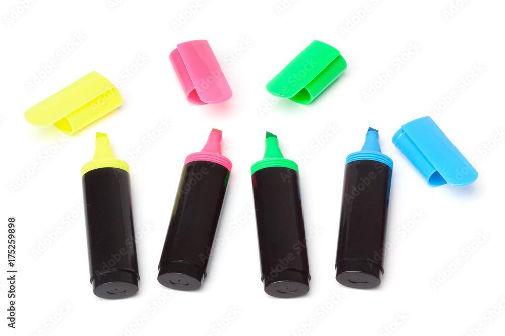 Realistic closed and opened white empty highlighter pen icon set