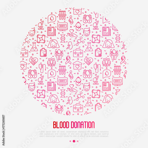 Blood donation concept in circle with thin line icons and place for text. World blood donor day. Vector illustration for web page, banner, print media.