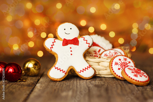 Christmas cookies on a dark background with lights photo