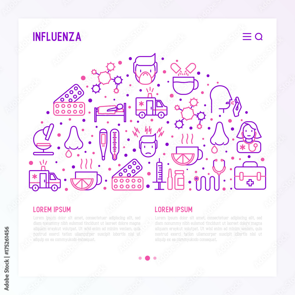 Influenza concept with thin line icons of symptoms and treatments: runny nose, headache, pain in throat, temperature, pills, medicine. Vector illustration for banner, web page, print media.