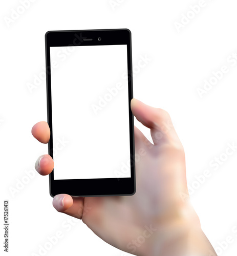 Realistic vector man's hand holding blank black smart phone isolated on white background
