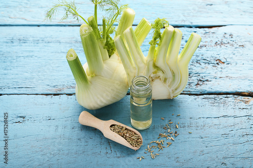 Ripe fennel bulbs with dry seeds in scoop and bottle of oil on blue wooden table