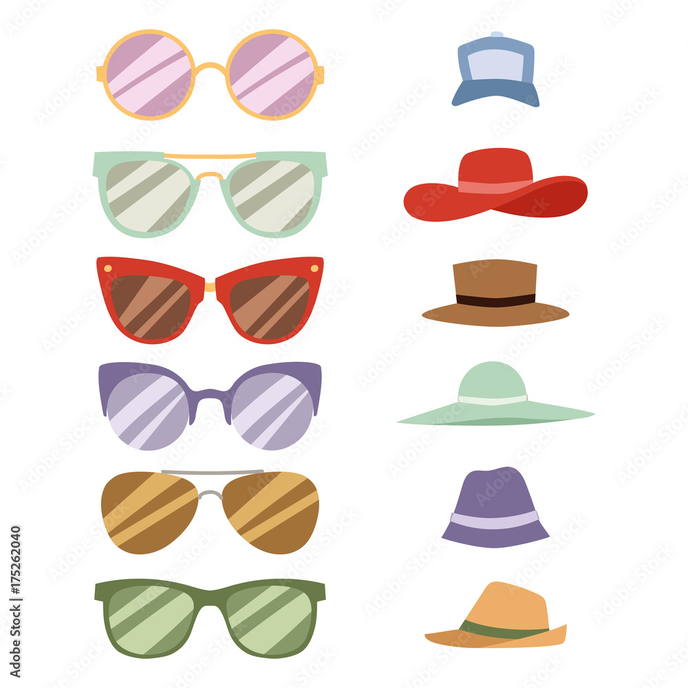 Beach accessories summer hats collection vector fashion beach travel beautiful head protection cap.