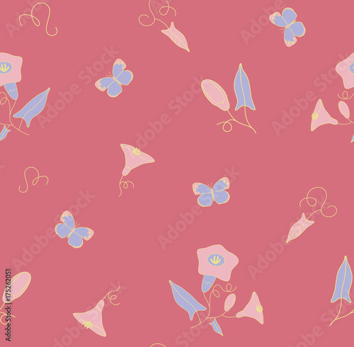 Decorative seamless pattern of the wildflowers and butterfly