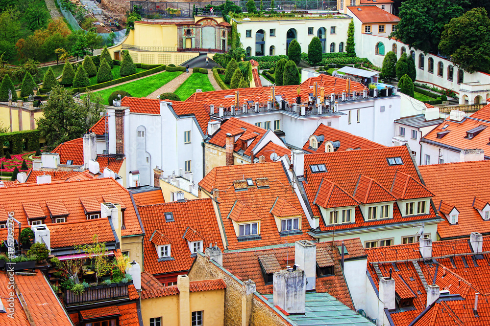 Obraz premium Top view to red tile roofs of Prague city Czech republic. Typical Prague houses