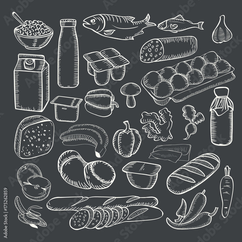Food doodles collection White chalk on a blackboard.