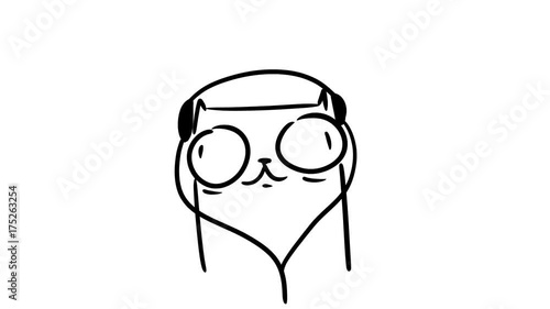 Cartoon cat in headphones listening to music. Frame by frame cartoon animation.