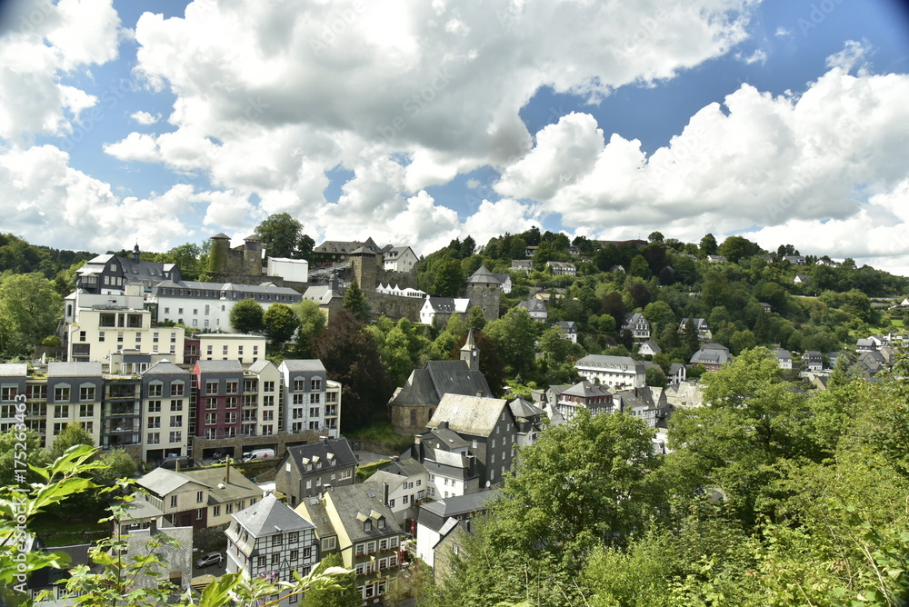 Fototapeta premium Paysage urbain encaissé dans la vallée de la Roer avec son architecture historique dans la ville basse contrastant avec les immeubles modernes sur les hauteurs à Monschau en Allemagne 