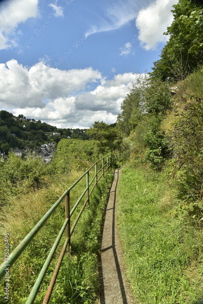 Sentier étroit avec rambarde sur les flancs de colline longeant la ville touristique de Monschau en Allemagne Sentier étroit avec rambarde sur les flancs de colline longeant la ville touristique de Monschau en Allemagne