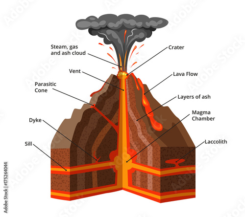 Vector infographic illustration. Cross section of volcano
