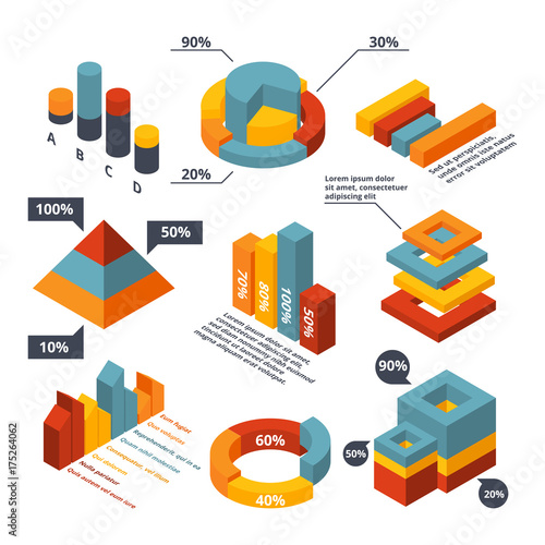 Different isometric elements for business infographic. Graphic diagrams, 3d charts