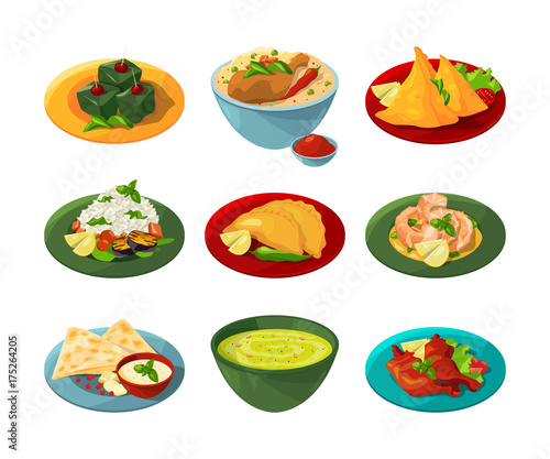 Cartoon set of traditional indian food in different dishes