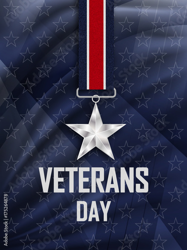 Veteran's Day. Congratulations on the veteran's day in the United states of America. Silver star on the ribbon. Vector illustration.