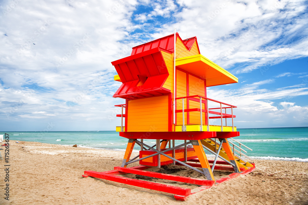 Lifeguard tower for rescue baywatch on beach in Miami, USA Stock Photo