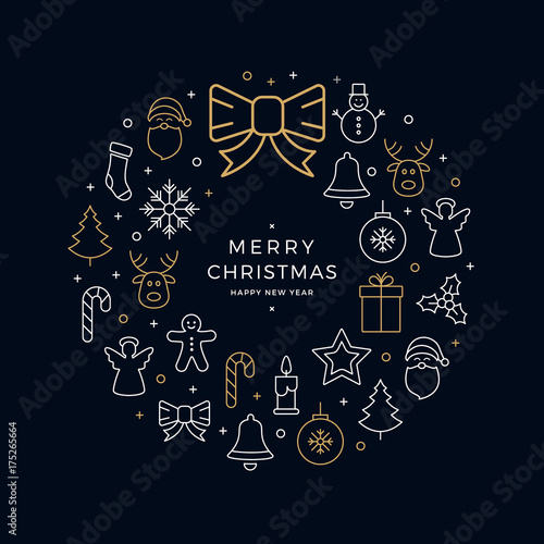 christmas wreath icons elements circle golden blue background