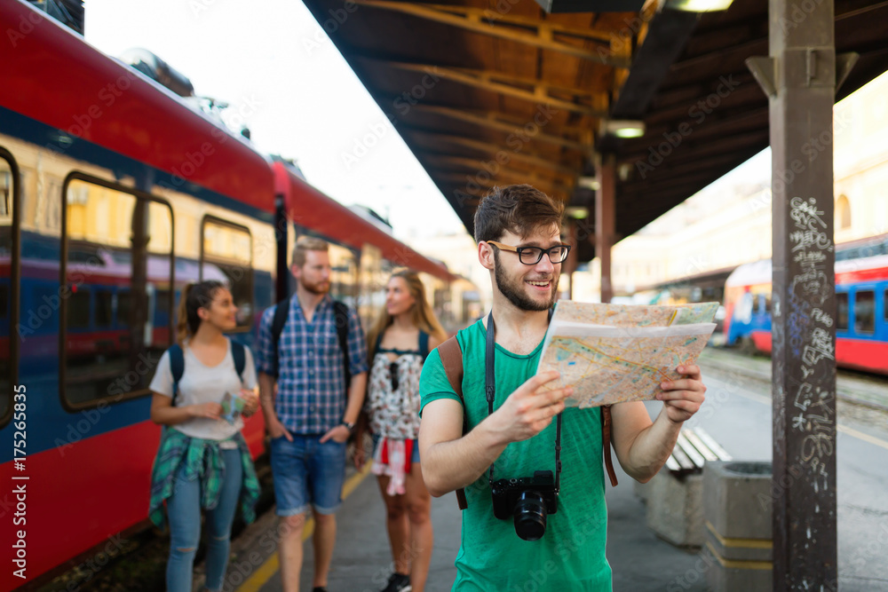 Group of friends traveling by train Group of friends traveling by train