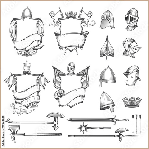 Collection of vector heraldic elements, helmets and medieval weapons photo