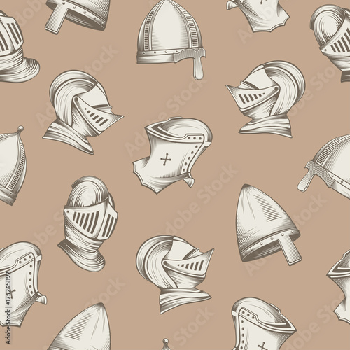 Seamless pattern with medieval helmets, sketch style engraving, vector illustration