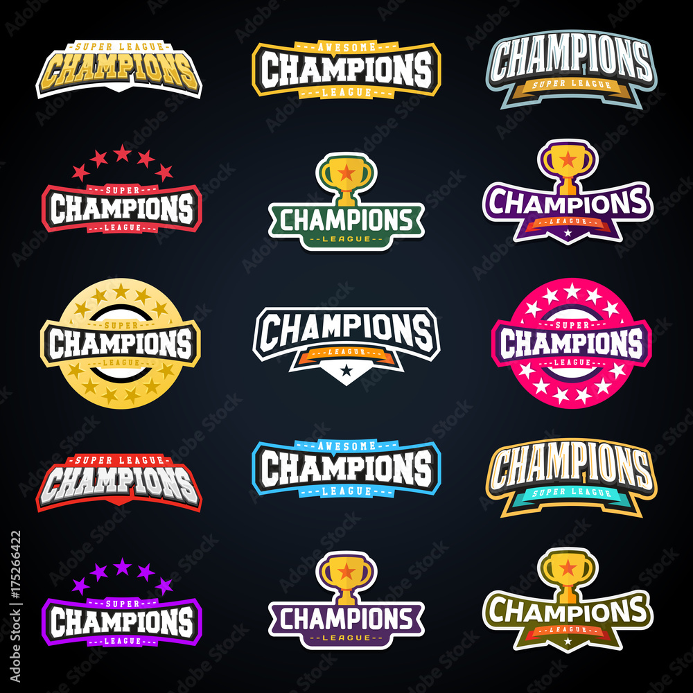 Sport champion or champions league emblem typography set. Super logo for  your t-shirt. Mega logotype collection. Stock Vector | Adobe Stock