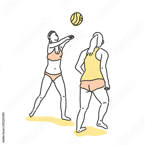 Beach volleyball line drawing illustration in various poses.
