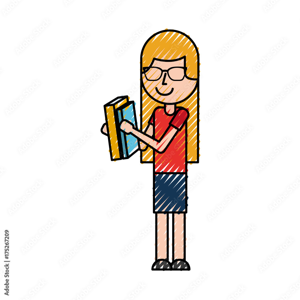 cute school girl with glasses holding book student learn