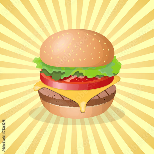 Hamburger - cute cartoon colored picture. Graphic design elements for menu  packaging  advertising  poster  brochure. Vector illustration of fast food for bistro  snackbar  cafe or restaurant.