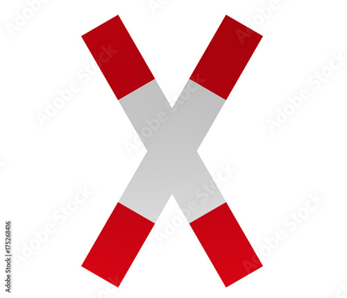 Verkehrszeichen: Andreaskreuz, Ansicht von vorne, isoliert auf weiß.