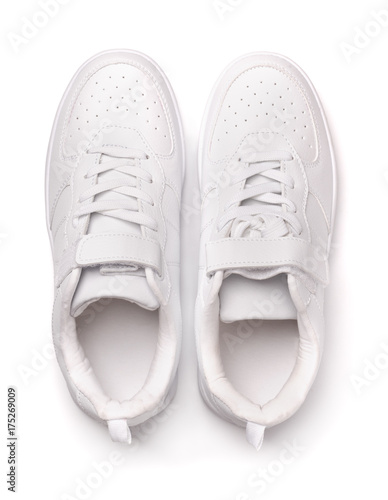 Top view of white leather sport shoes