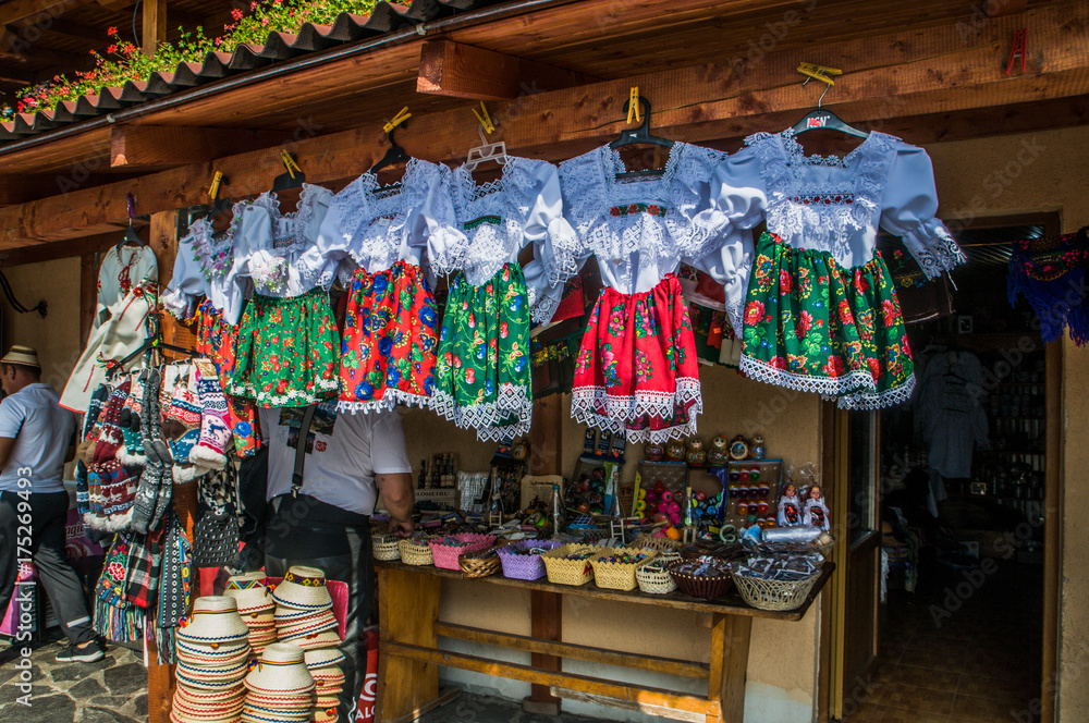 Traditional romanian clothes on market in Sapanta (Romania)