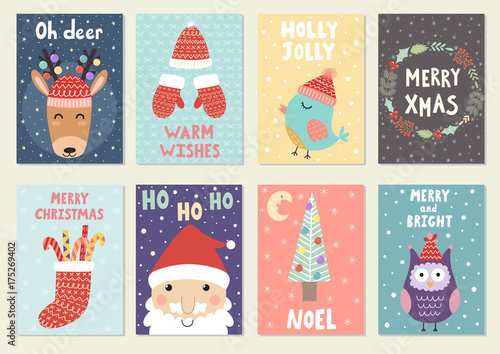 Set of cute Christmas greeting cards. Postcards and prints with reindeer, santa, owl and bird. Vector illustration