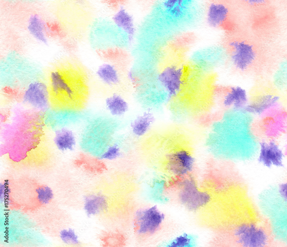 Seamless background pattern with pastel pink, green, yellow and blue dots and stains painted in watercolor