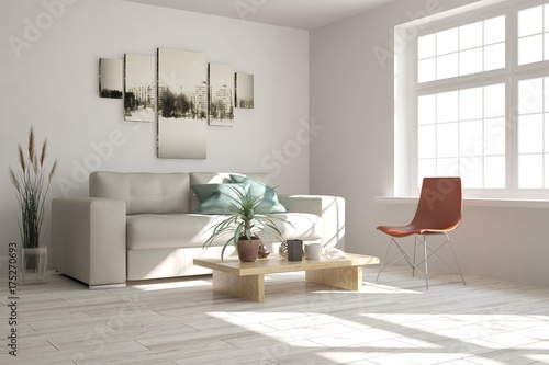 Fototapeta Naklejka Na Ścianę i Meble -  Idea of white minimalist room with sofa. Scandinavian interior design. 3D illustration