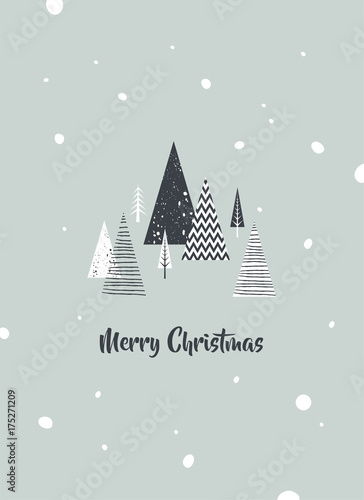 Christmas winter landscape greeting card with forest background. Abstract Vector