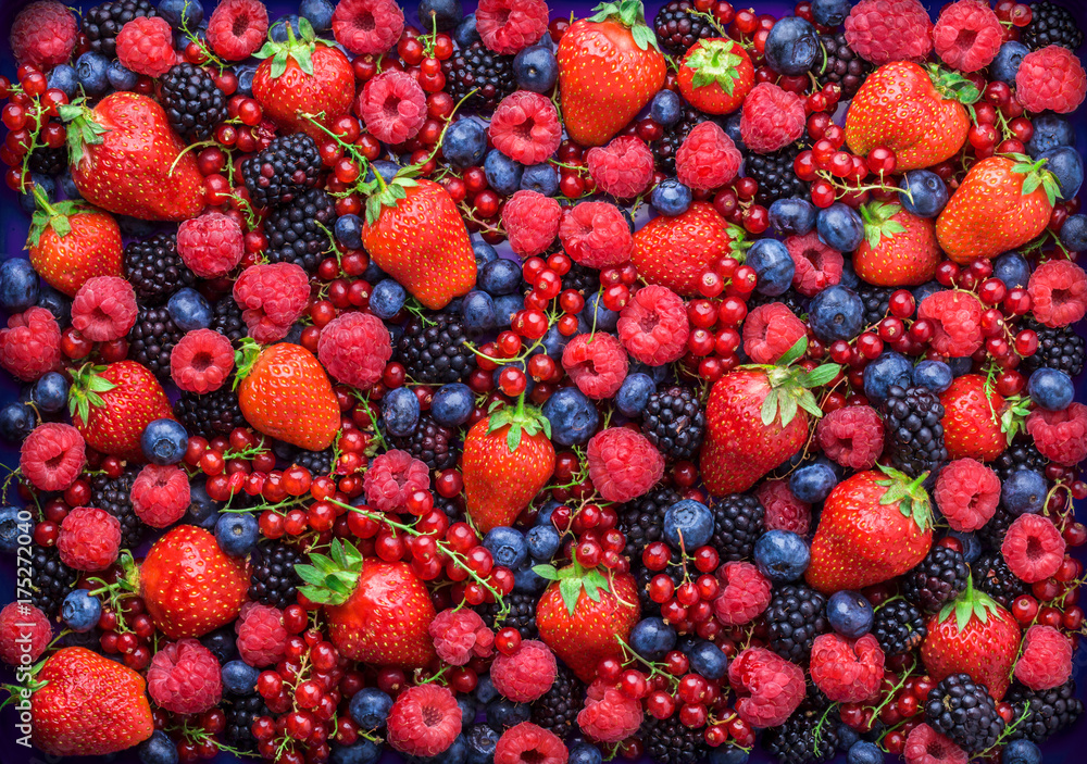 Berries overhead closeup colorful large assorted mix of strawbwerry, blueberry, raspberry, blackberry, red curant in studio on dark background - obrazy, fototapety, plakaty 