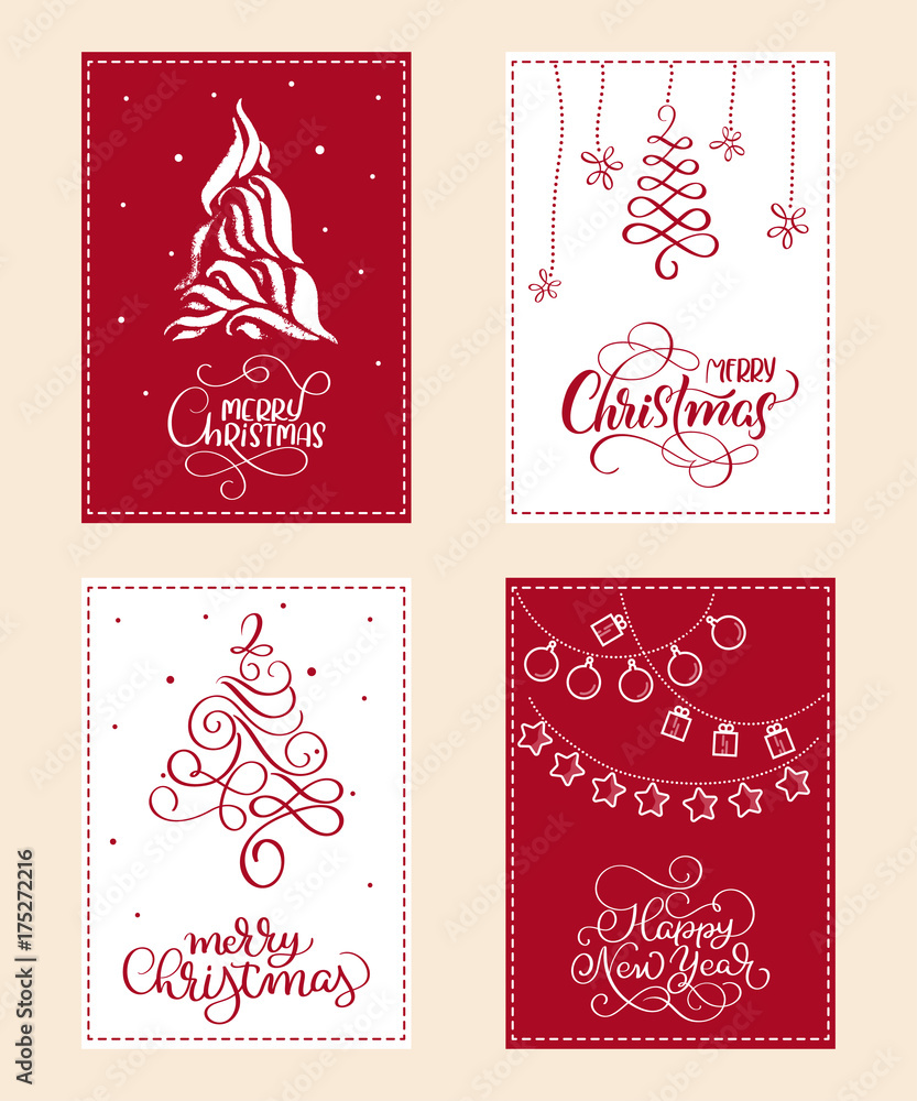 Naklejka premium set of Christmas holiday illustration with calligraphy text Merry Christmas and Happy New Year