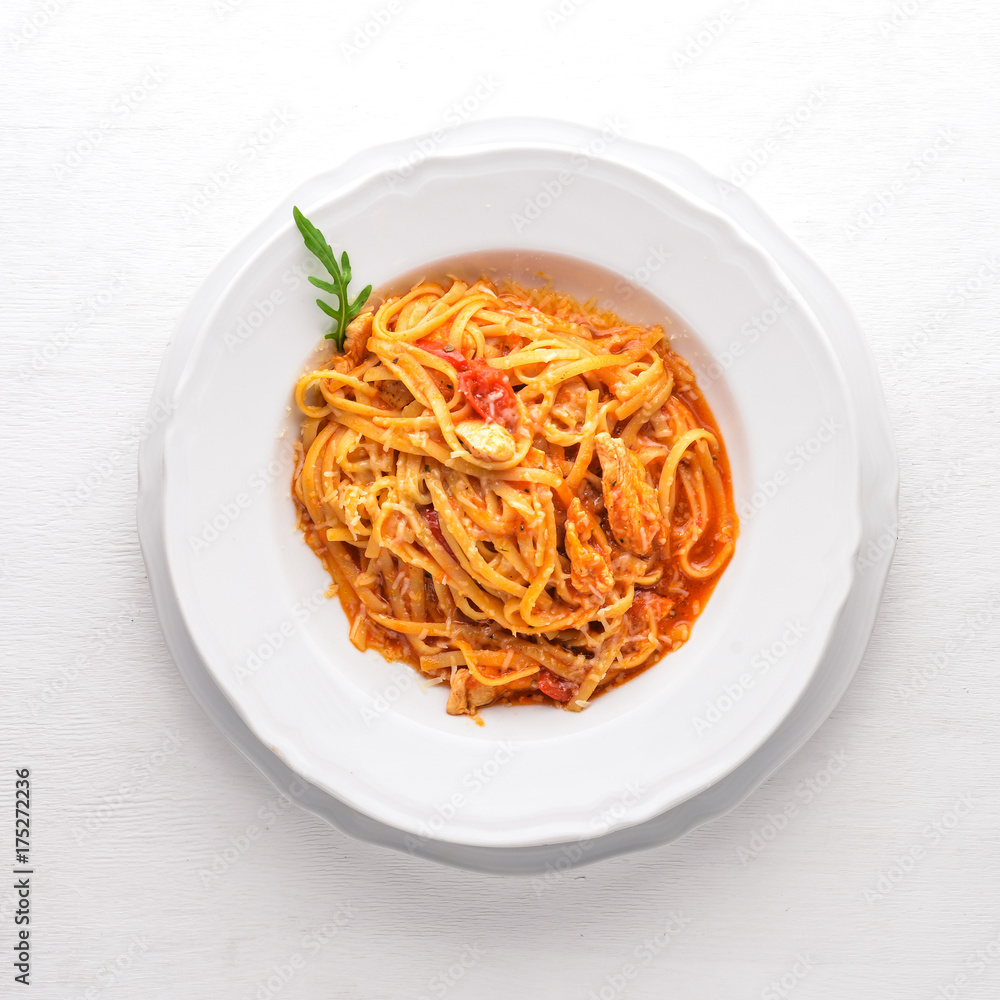 Ala Alio Pasta. On a wooden background. Top view. Free space for text.