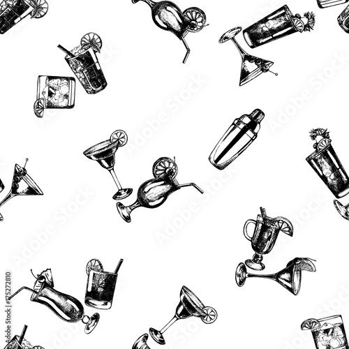 Seamless pattern of hand drawn sketch style alcoholic drinks. Vector illustration isolated on white background.