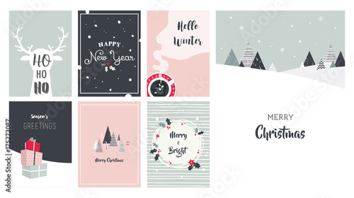 Merry Christmas cards, illustrations and icons, lettering design collection