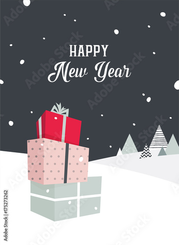Merry Christmas card with outdoor winter scene and presents
