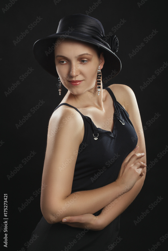 beautiful sensual young woman in hat on black background beautiful sensual young woman in hat on black background