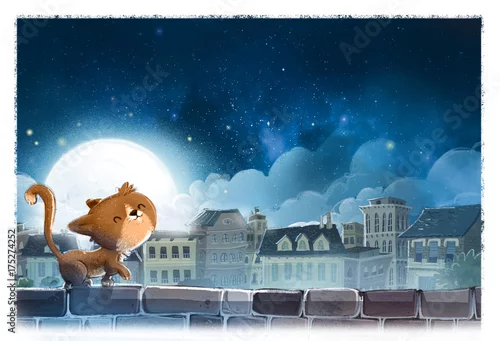 Obraz kot spacerujący po dachu w blasku księżyca