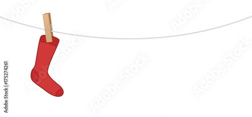 Single red sock hanging on a clothes line - symbol for loneliness, solitude, sadness, melancholy of a single person or sorrow or secluded, withdrawn elderly people. Vector illustration.